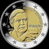 2 евро 2018 А  Германия. 100 лет со дня рождения Гельмута Шмидта.