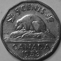 5 центов 1953 Канада. Бобр.