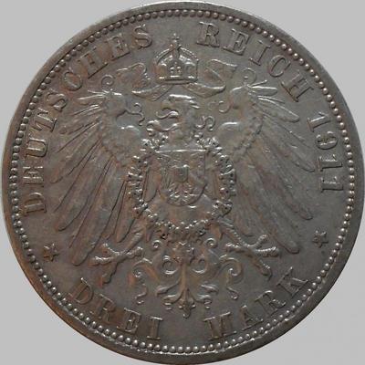 3 марки 1911 А Пруссия. Вильгельм II.