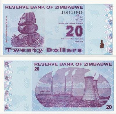 20 долларов 2009 Зимбабве. Серия АА.