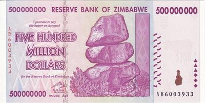 500 миллионов долларов 2008 Зимбабве. Серия АА.