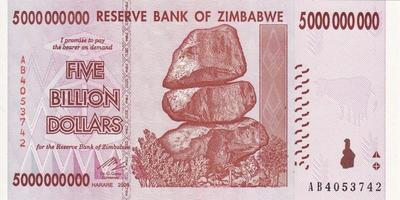 5 миллиардов долларов 2008 Зимбабве. Серия АА.
