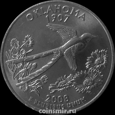 25 центов 2008 Р США. Оклахома. Символ штата - хвостатая мухоловка.