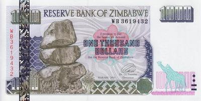 1000 долларов 2003 Зимбабве.  