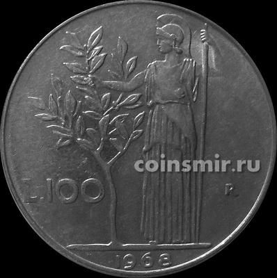 100 лир 1968 Италия. Богиня мудрости рядом с оливковым деревом.