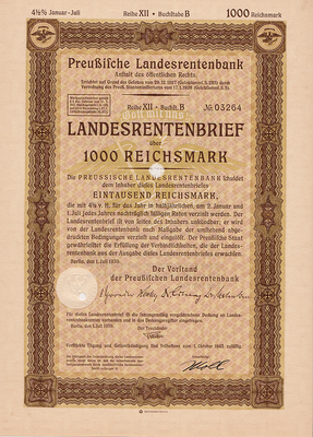 Облигация 4,5% 1000 рейхсмарок 1.07.1939 Германия. Третий рейх.