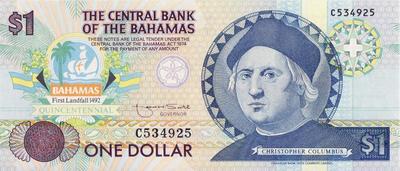 1 доллар 1992 Багамские острова. 500 лет открытию Америки Христофором Колумбом.