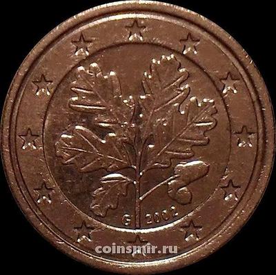 1 евроцент 2002 G Германия. Листья дуба. VF