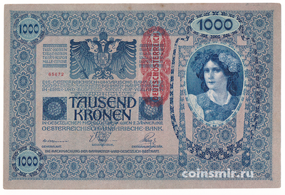 1000 крон 1902 Австрия. Австро-Венгрия. Надпечатка вертикально. Состояние на скане.