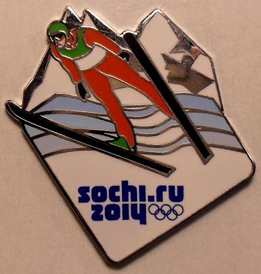 Значок Прыжки на лыжах с трамплина. Олимпиада в Сочи 2014. Белый.
