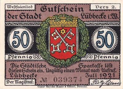 50 пфеннигов 1921 Германия. г. Люббекке (Рейн-Вестфалия). Нотгельд.