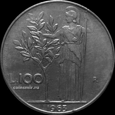 100 лир 1963 Италия. Богиня мудрости рядом с оливковым деревом.