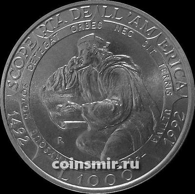 1000 лир 1992 Сан-Марино. 500-летие открытия Америки. Христофор Колумб.