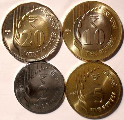 Набор из 4 монет 2020-2021 Индия. Новый дизайн.