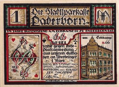 1 марка 1921 Германия г.Падерборн (Рейн-Вестфалия). Нотгельд.