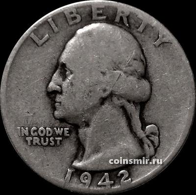 25 центов (1/4 доллара) 1942 США. Джордж Вашингтон. Царапина.