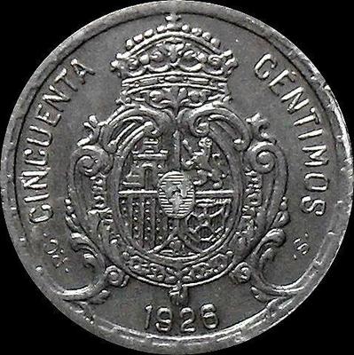 50 сентимо 1926 Испания. Король Альфонсо XIII (1886 - 1931).