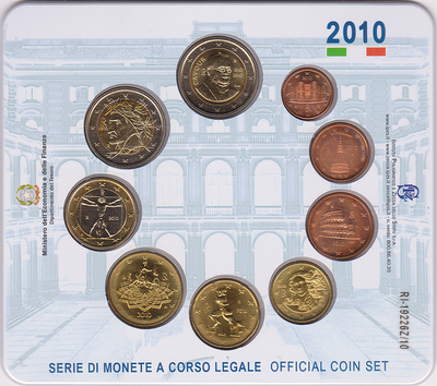 Набор из 9 евро монет 2010 Италия. Буклет.