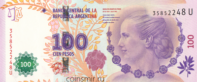 100 песо 2012 (U) Аргентина. 60-ая годовщина смерти Эвы Эвиты Перон.