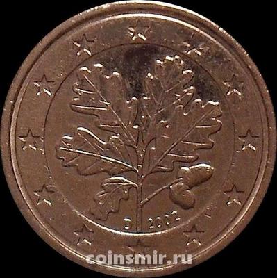 1 евроцент 2002 D Германия. Листья дуба. VF