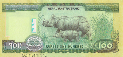 100 рупий 2019 Непал. Носорог.