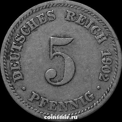 5 пфеннигов 1902 D Германия.