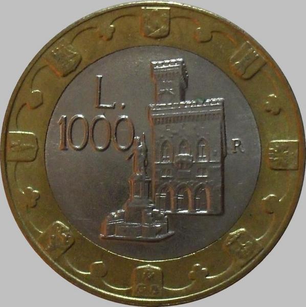1000 лир 1997 Сан-Марино. Статуя свободы и общественный дворец.