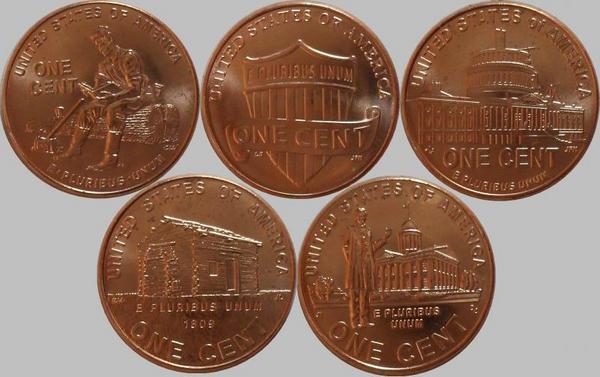 Набор из 5 монет США номиналом 1 цент. Жизнь Линкольна.