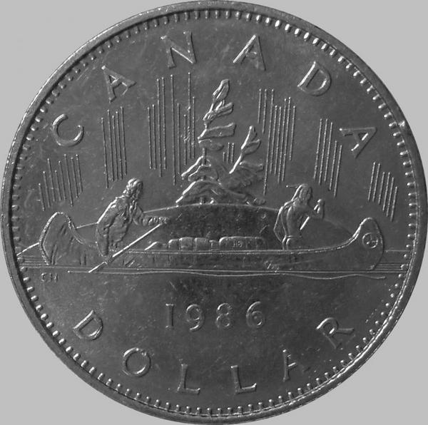 1 доллар 1986 Канада. Индейцы в каноэ.