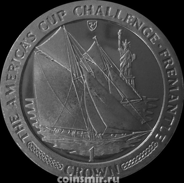 1 крона 1987 остров Мэн. Яхты на фоне статуи Свободы. Кубок Америки (регата). Фримантл.