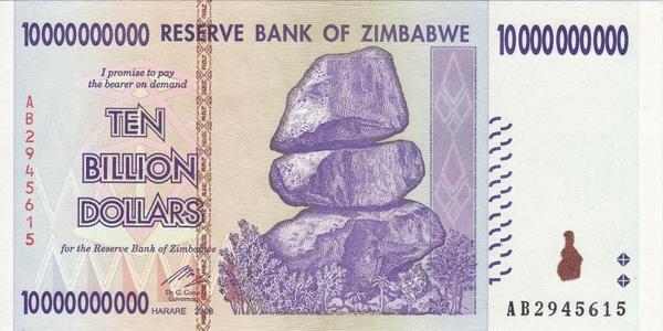 10 миллиардов долларов 2008 Зимбабве. Серия АА.