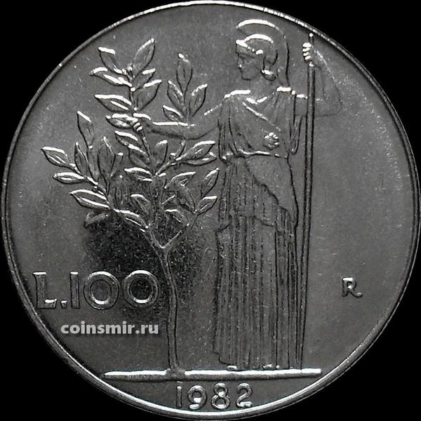 100 лир 1982 Италия. Богиня мудрости рядом с оливковым деревом.
