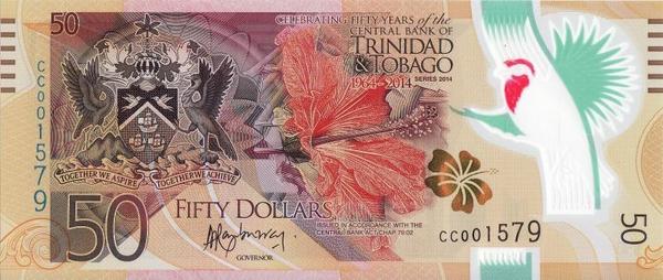 50 долларов 2014 Тринидад и Тобаго.  50 лет банку.