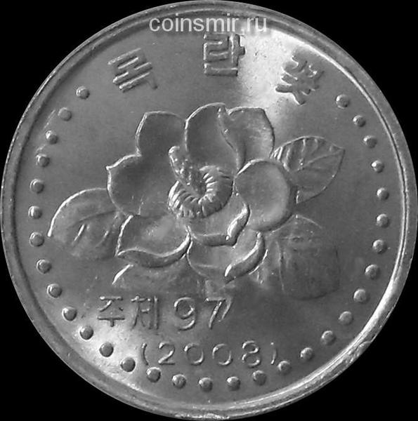 5 чон 2008 Северная Корея. Цветок. С иероглифами по сторонам герба.