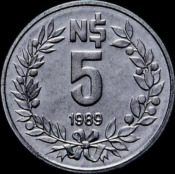 5 новых песо 1989 Уругвай.