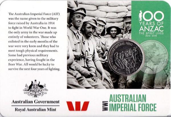 20 центов 2015 Австралия. АНЗАК - Первая Мировая Война 1914-1918. Австралийские имперские силы.