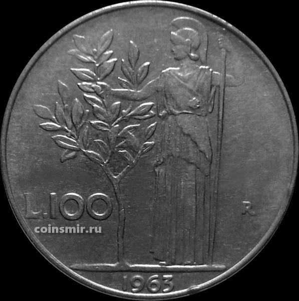 100 лир 1963 Италия. Богиня мудрости рядом с оливковым деревом.