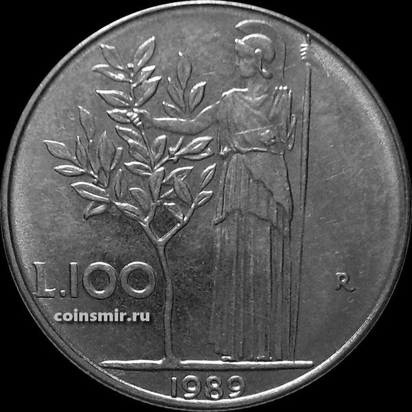 100 лир 1989 Италия. Богиня мудрости рядом с оливковым деревом.