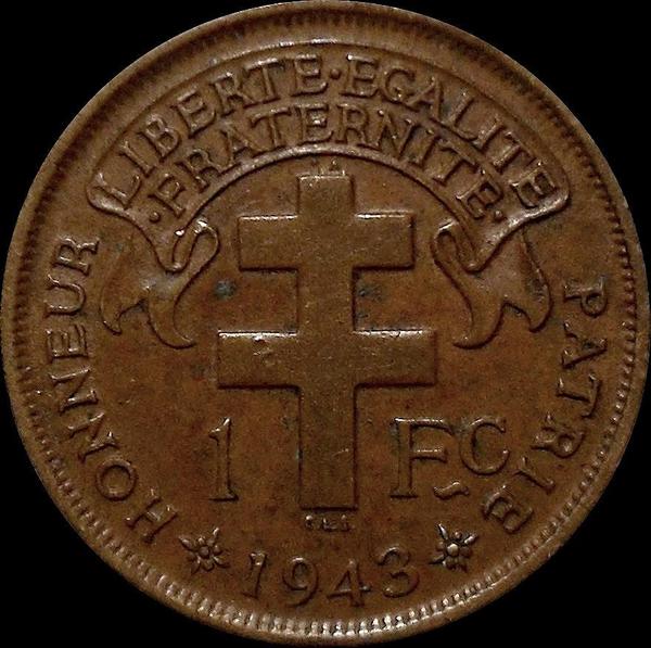 1 франк 1943 Французская Экваториальная Африка.