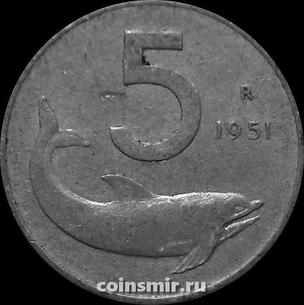 5 лир 1951 Италия. Дельфин.