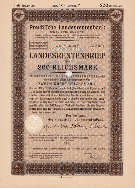 Облигация 4,5% 200 рейхсмарок 2.01.1937 Германия. Третий рейх.