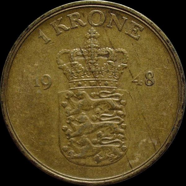 1 крона 1948 N;S Дания. Король Фредерик IX (1947 - 1972).