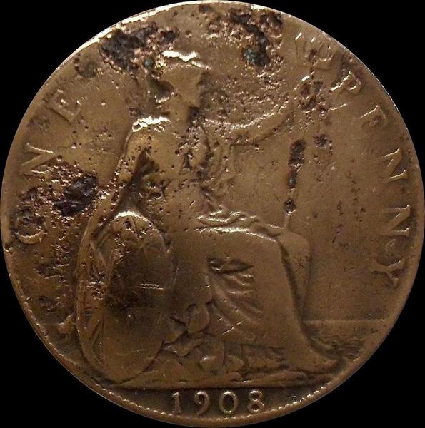 1 пенни 1908 Великобритания.