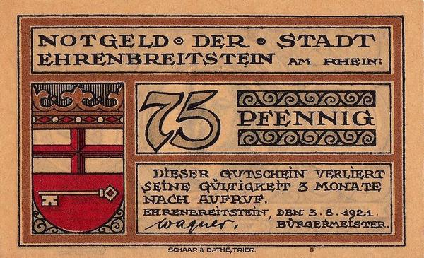 75 пфеннигов 1921 Германия. г. Эренбрейтштейн. Нотгельд.